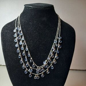 Silver tone Three Strand Multi layer Blue Rhinestone Collar Necklace